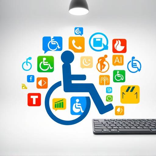 A collection of universally recognized accessibility icons including a person in a wheelchair, a hearing aid symbol, a screen reader icon, and a keyboard symbol, arranged harmoniously.
