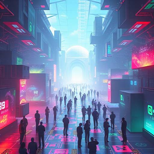 Conceptual art of a vast, interconnected metaverse gaming environment with players interacting in diverse digital spaces