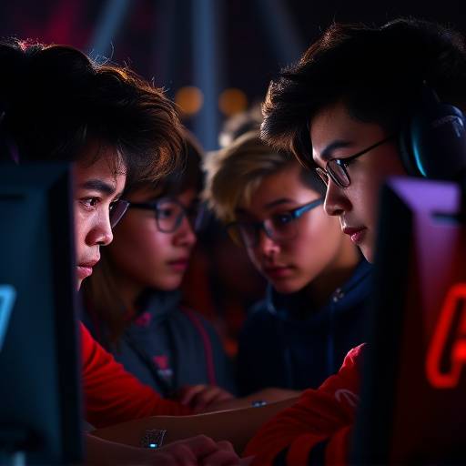 Diverse group of gamers intensely focused on their screens, lit by monitor glow