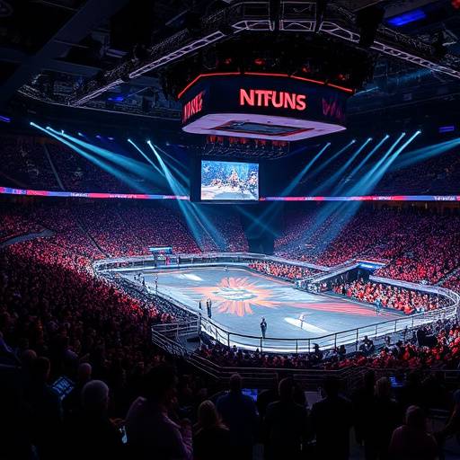 Dynamic image of a packed esports arena with players competing on stage and a large crowd cheering.